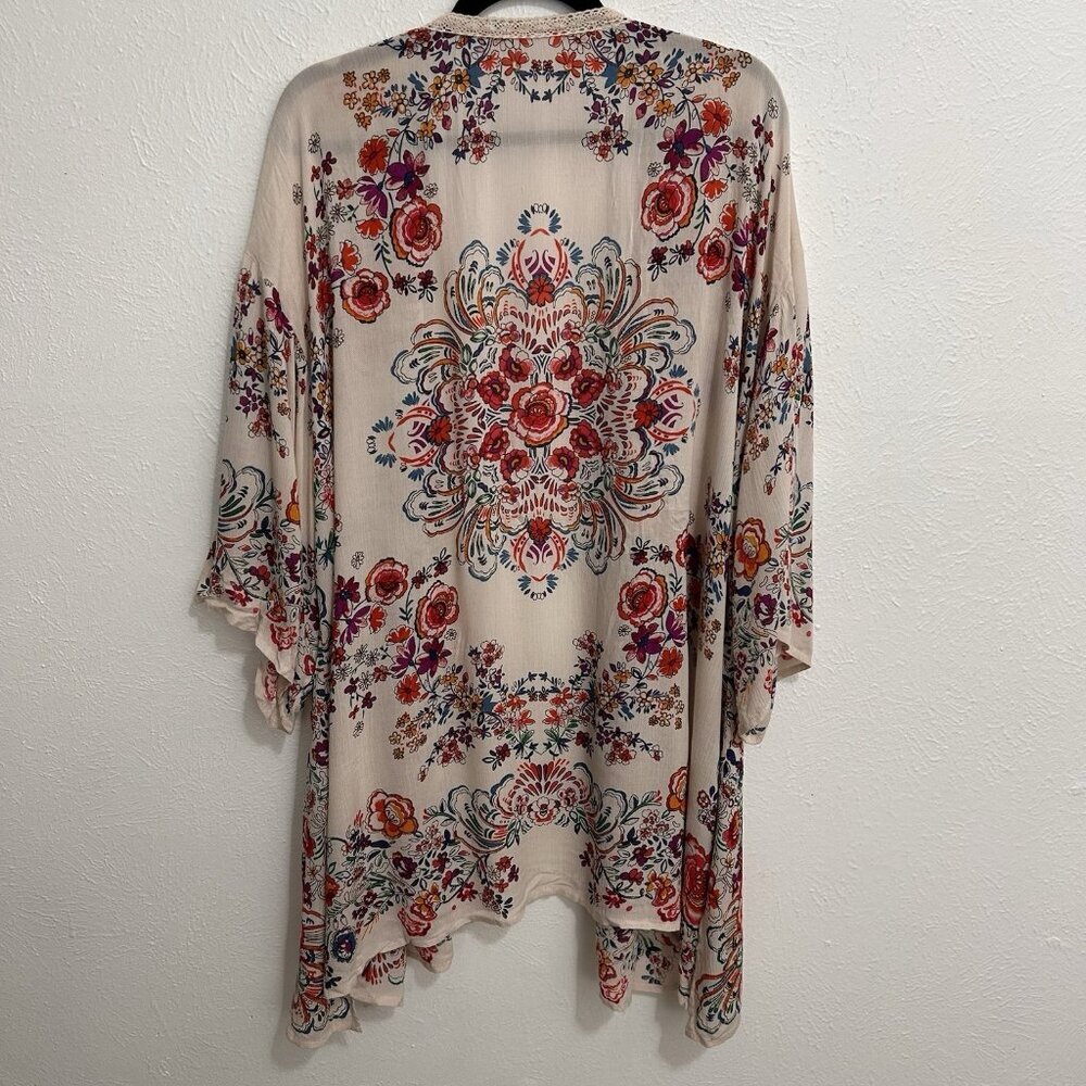 Bila Boho Hippie Floral Long Kimono Duster Cover-Up Cardigan Sz M/L Lace Trim - Picture 9 of 12